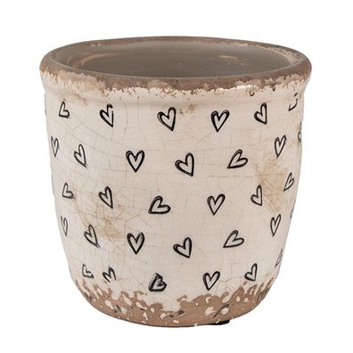 Clayre & Eef Blumentopf Ø 11x11 cm Beige Schwarz Keramik Herzen (Gr. Ø 11x11 cm)