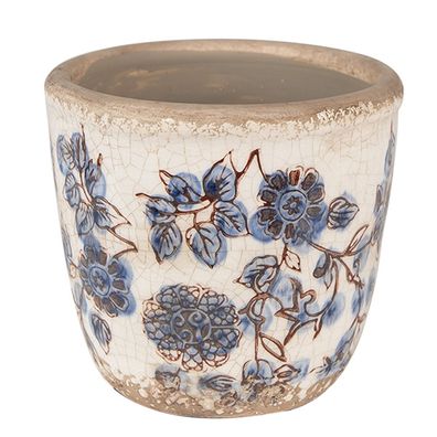 Clayre & Eef Blumentopf Ø 13x12 cm Beige Blau Keramik Blumen (Gr. Ø 13x12 cm)