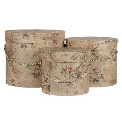 Clayre & Eef Hutschachtel 3er Set Ø 23x20 cm Beige Rosa Karton Blumen
