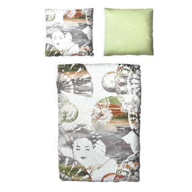 Baumwolle Satin Bettwäsche Buddha Weiß Grün 135x200 80x80 Set 2tlg. 4tlg