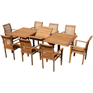 Teak Gartengarnitur Tobago Tisch 180-240 x 100cm + 8 Alpen Sessel Holz JAV