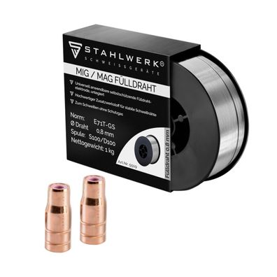 Stahlwerk Verschleißteile Set aus Fülldrahtdüse 2er Pack + Fülldraht 1 kg 0,8 mm