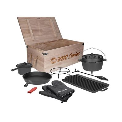 TP Premium BBQ Set 9-teilig, Dutch Oven, Pfanne, Grillplatte, Topf aus Gusseisen mit