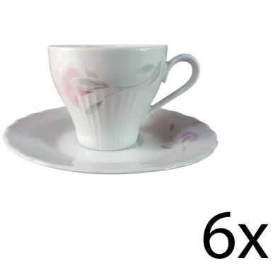 6er Set Kaffeetasse Graf von Henneberg DDR rosa grau Blumendekor gerillt mit Untertas