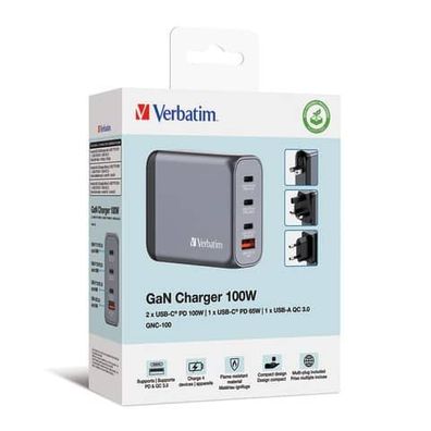Verbatim 32202 GNC-100 GaN 100Watt Ladegerät Steckdose 1x USB-A/3x USB-C