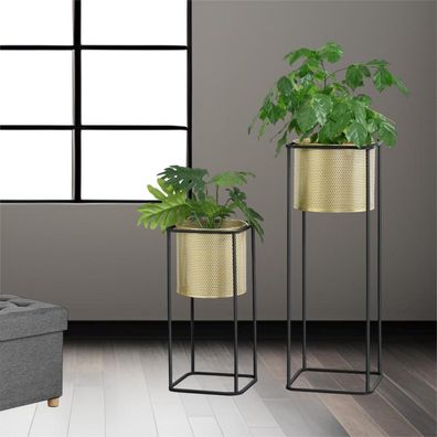 STADO® | Blumenständer mit Übertopf | Stahl | Schwarz-Gold | Set mit 2 Höhen