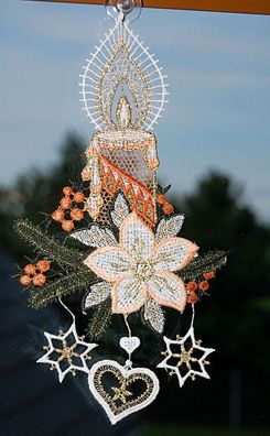 Plauener Spitze Fensterbild Weihnachten Kerze 23 cm Stickerei Herz Terrakotta Weihnac