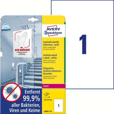 Zweckform L8001-10 Antimikrobielle Etiketten - 210 x 297 mm, permanent, weiß, 10
