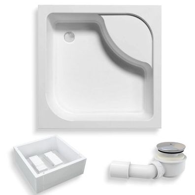 Duschwanne Quadratisch Acryl TENOR 90x90 Weiß Styroporträger | Ablauf & Füße im SET!