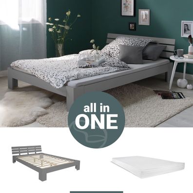 Doppelbett mit Matratze und Lattenrost 140x200 Bett Grau Kiefer Massiv Bettgestell