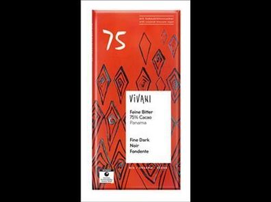 Vivani Feine Bitter Schokolade 75% Cacao Panama mit Kokosblütenzucker 80g