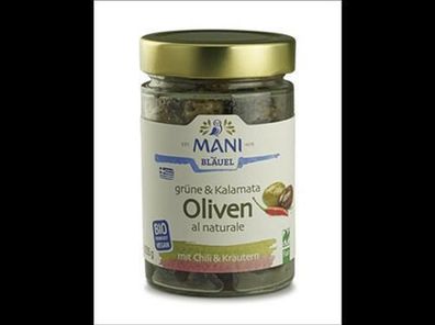MANI MANI Grüne & Kalamata Oliven al naturale, Chili & Kräutern, bio, NL Fair,