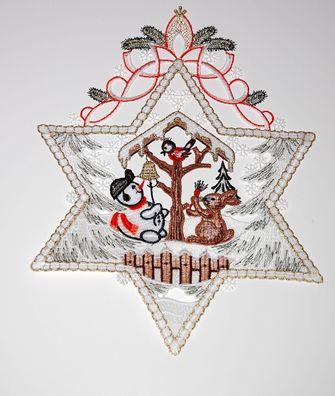 Fensterbild Weihnachten Plauener Spitze Fensterdekoration Winter Schneemann 29cm