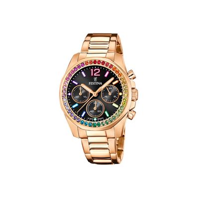 Festina Damen Uhr F20639/3 Boyfriend Rainbow, schwarz, rosé vergoldet