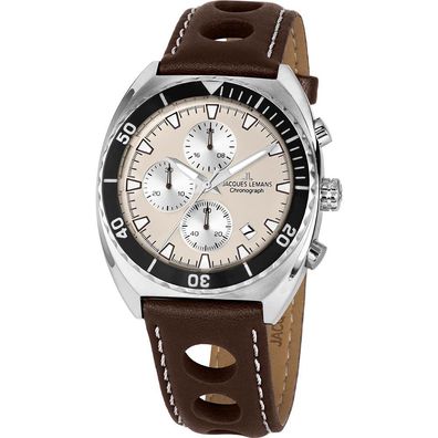 Jacques Lemans Herren Uhr 1-2041D Serie 200 Chronograph Leder braun