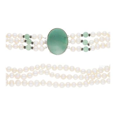 Perlenkette mit Süßwasserzuchtperle und Aventurin, 3-Reihig, getragen 25322396
