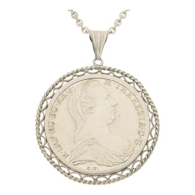 Maria Theresia Anhänger mit Kette getragen 835 Silber mit Fassung, Second Hand