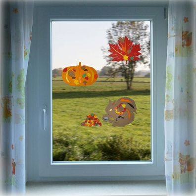 Bastelset Fensterbilder "Alles drin" Herbst - Ahornblatt, Kürbis, Eichhörnchen