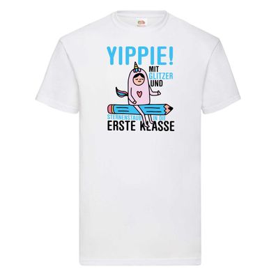 Mit Glitzer und Sternenstaub | Einschulung | Einhorn T-Shirt Weiß