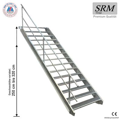 15 Stufen Stahltreppe Breite 60 - 160cm Geschosshöhe 250 - 320cm Geländer einseitig
