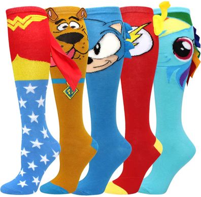 Cartoon Kniestrümpfe 5er-Pack - Scooby, Sonic, Flash, Pony und Wonder Woman für Damen