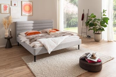 Polsterbett Agadir 180x200 Stoff Neve beige Holzfuß Eiche lackiert