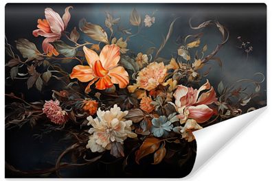 Vlies Selbstklebende Fototapete bunte BLUMEN Blätter Pflanzen Natur Vintage Stil