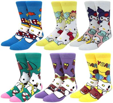 Hello Kitty Socken - 6er-Pack Sanrio Cartoon Socken in Kawaii-Farben
