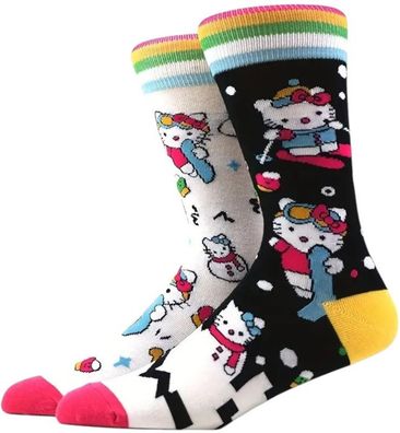 Hello Kitty Socken - Sanrio Cartoon-Socken in Weiß-Schwarz-Gelb