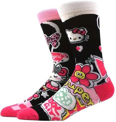 Hello Kitty Socken - Sanrio Cartoon-Socken in Weiß-Schwarz-Rosa