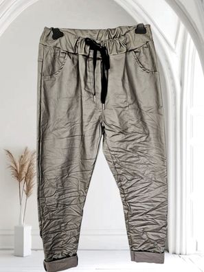 Italy 38 40 42 Jogpant Jeggins Hose Lagenlook Kunstleder Crash-Look Farbe: Silber