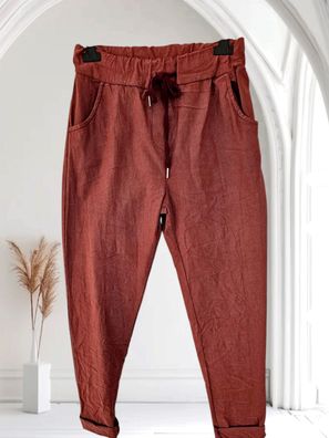 Italy 38 40 42 bequeme Jogpant Jeggins Hose Lagenlook Crash-Look in Rotbraun