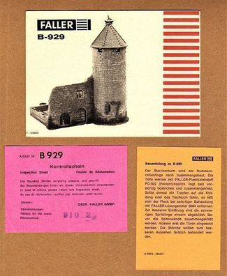 Faller H0 Anleitung Bauanleitung Text & Bild Kontrollzettel B-929 Storchenturm Turm