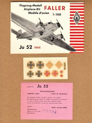 Faller 1:100 Flugzeugmodell 1052 Junkers Tante Ju52 Anleitung Decals Kontrollschein