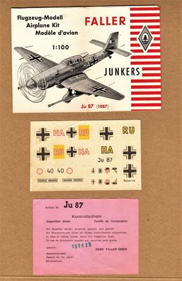 Faller 1:100 Flugzeugmodell 1087 Junkers Ju87 Stuka Anleitung Decals Kontrollschein