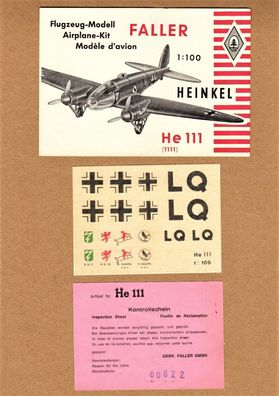 Faller 1:100 Flugzeugmodell 1111 Heinkel He111 Bomber Anleitung Decals Kontrollschein