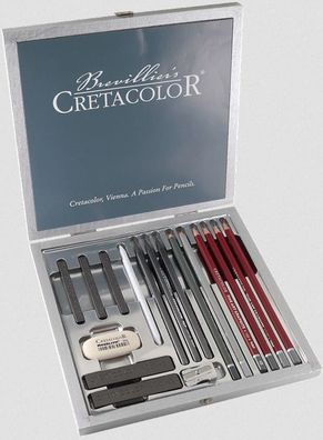 Cretacolor Silver Box - 17 teiliges Graphitset in Holzkassette