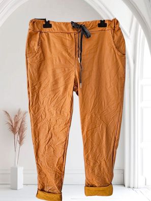 42 44 46 Italy Jogpant Jeggins Hose Lagenlook Kunstleder Crash-Look Curry
