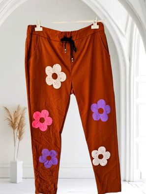 Italy 44 46 48 Damen Jogger Jogpant Hose Stretch Viskose Blumen Farbe: Cognac