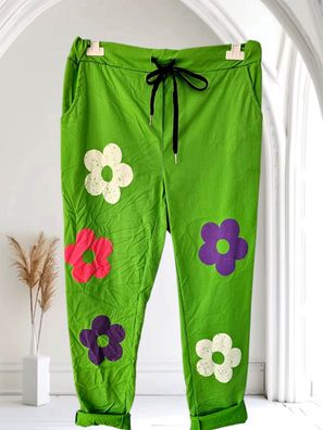 Italy 44 46 48 Damen Jogger Jogpant Hose Stretch Viskose Blumen Farbe: Grün
