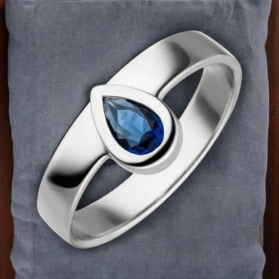 Damen Ring 925 Sterling Silber mit Glasstein Tropfen blau