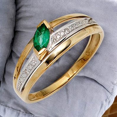 Damen Ring 585 Gold Gelbgold bicolor 1 Smaragd grün 2 Diamanten Smaragdring