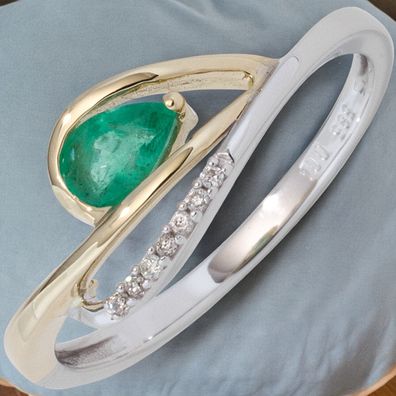 Damen Ring 585 Weißgold Gelbgold bicolor 1 Smaragd grün 7 Diamanten Brillanten
