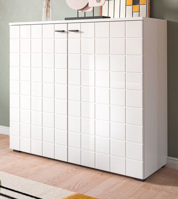Kommode weiß Hochglanz Sideboard modern 2-türig in Kacheloptik 92 x 86 cm Hakon