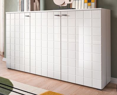 Sideboard Kommode weiß Hochglanz modern in Kacheloptik 3-türig Hakon 138 x 86 cm
