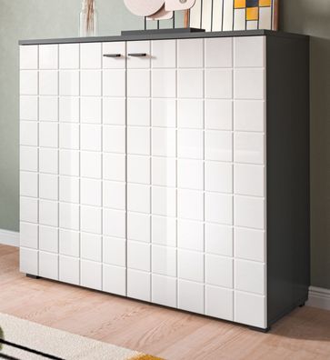 Kommode weiß Hochglanz grau Sideboard modern 2-türig in Kacheloptik 92 x 86 cm Hakon