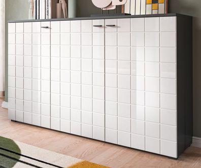 Sideboard Kommode weiß Hochglanz grau modern in Kacheloptik 3-türig Hakon 138 x 86 cm