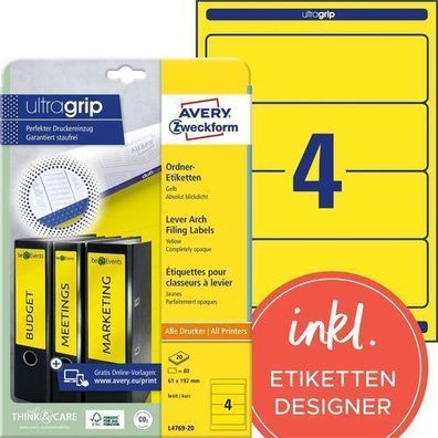 Avery Zweckform L4769-20 Rückenschilder gelb 192x61mm A4 ILK 80 Etiketten