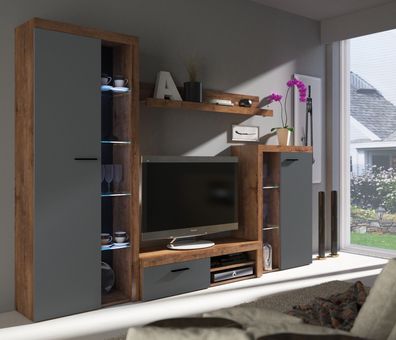 AX LIVING Spacoro Wohnwand grau modern Lefkas graphit 270 cm ohne LED