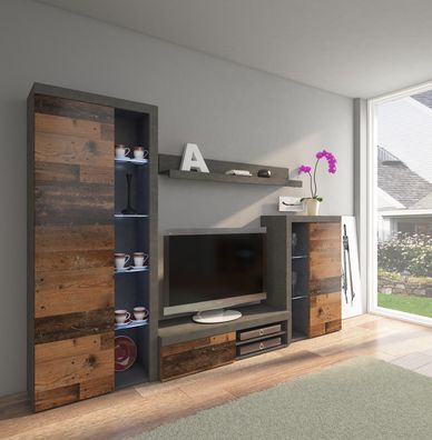 AX LIVING Spacoro Wohnwand grau modern Matera Oldwood 270 cm ohne LED